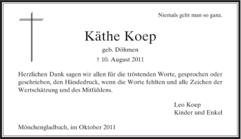 Traueranzeige von Käthe Koep von Rheinische Post
