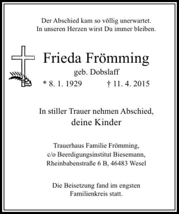 Traueranzeige von Frömming Frieda von Rheinische Post