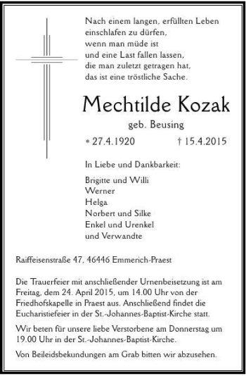 Traueranzeige von Kozak Mechtilde von Rheinische Post