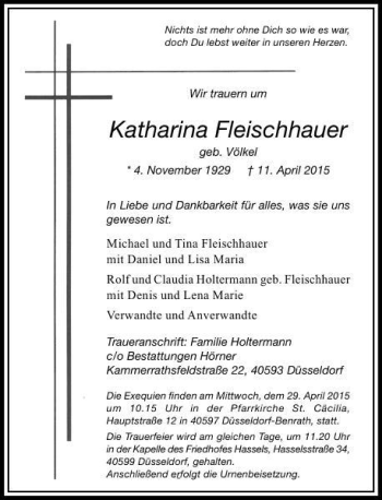 Traueranzeige von Fleischhauer Katharina von Rheinische Post