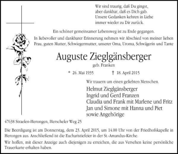 Traueranzeige von Zieglgänsberger Auguste von Rheinische Post