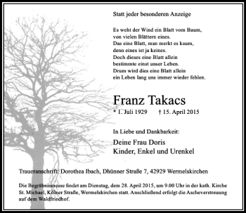 Traueranzeige von Takacs Franz von Rheinische Post