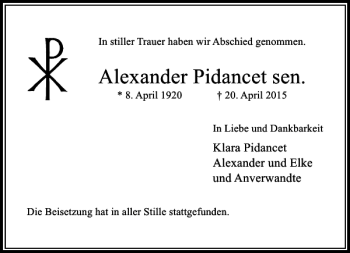 Traueranzeige von Pidancet Alexander von Rheinische Post