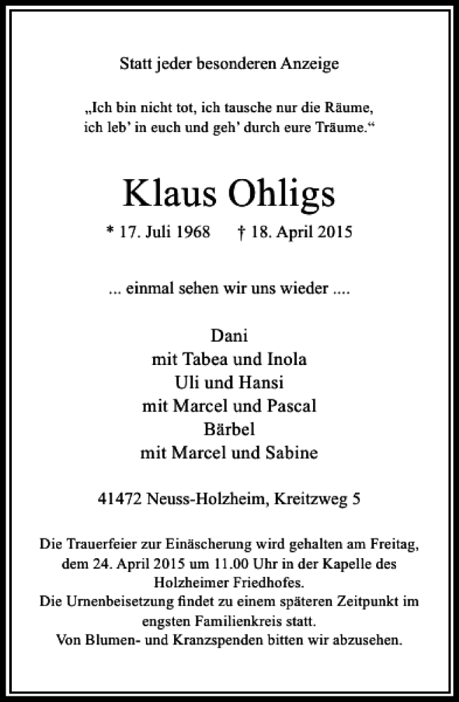  Traueranzeige für Ohligs Klaus vom 22.04.2015 aus Rheinische Post