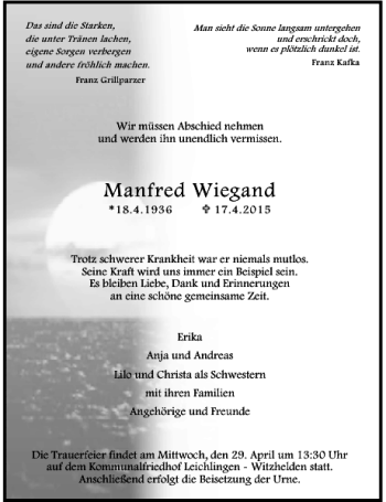 Traueranzeige von Wiegand Manfred von Rheinische Post