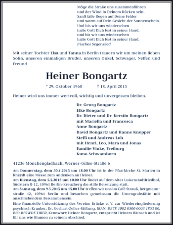 Traueranzeige von Bongartz Heiner von Rheinische Post