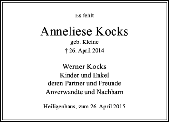 Traueranzeige von Kocks geb. Kleine Anneliese von Rheinische Post