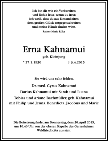 Traueranzeige von Kahnamui Erna von Rheinische Post