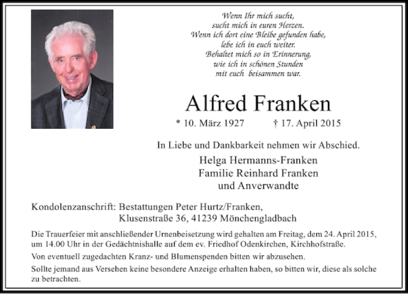  Traueranzeige für Franken Alfred vom 22.04.2015 aus Rheinische Post