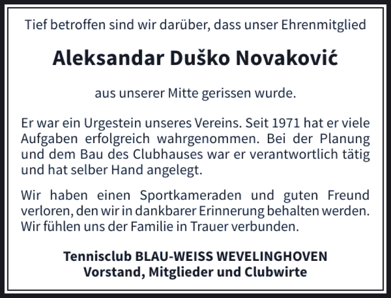  Traueranzeige für Novakovic Aleksandar vom 25.04.2015 aus Rheinische Post