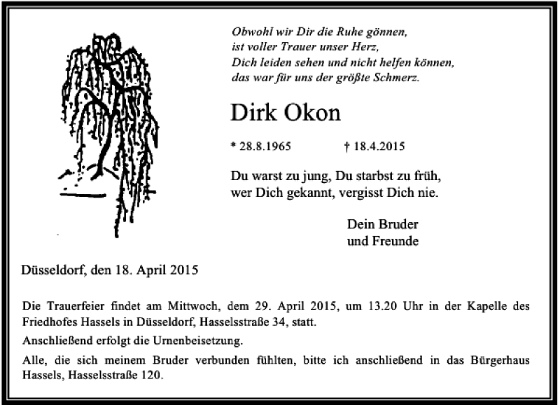  Traueranzeige für Okon Dirk vom 24.04.2015 aus Rheinische Post