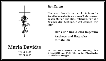 Traueranzeige von Davidts Maria von Rheinische Post