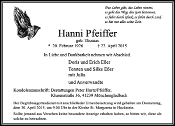 Traueranzeige von Pfeiffer Hanni von Rheinische Post