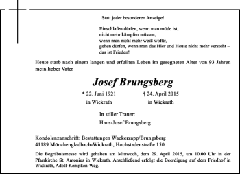 Traueranzeige von Brungsberg Josef von Rheinische Post
