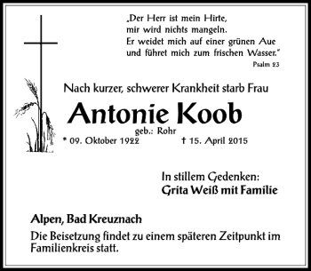 Traueranzeige von Koob Antonie von Rheinische Post