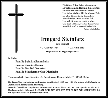 Traueranzeige von Steinfarz Irmgard von Rheinische Post