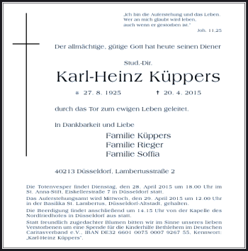 Traueranzeige von Küppers Karl-Heinz von Rheinische Post