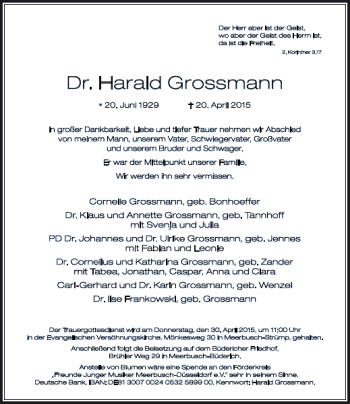 Traueranzeige von Harald Grossmann Dr. von Rheinische Post