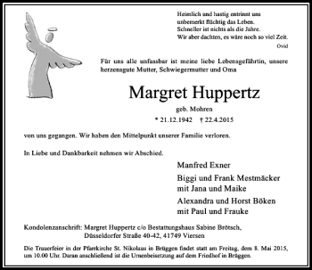 Traueranzeige von Huppertz Margret von Rheinische Post