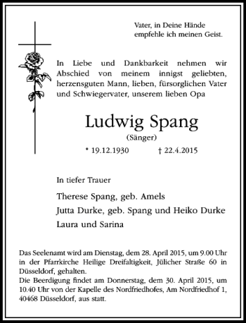 Traueranzeige von Spang Ludwig von Rheinische Post