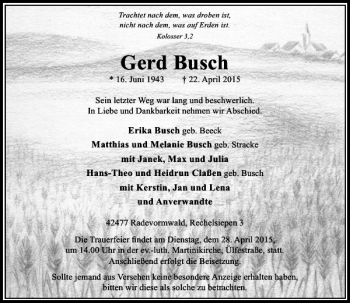 Traueranzeige von Busch Gerd von Rheinische Post