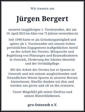Traueranzeige von Bergert Jürgen von Rheinische Post