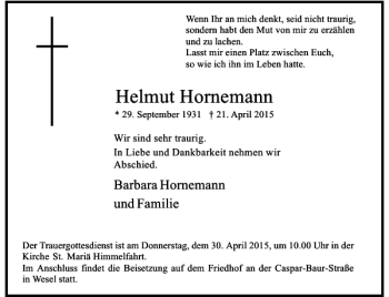 Traueranzeige von Hornemann Helmut von Rheinische Post