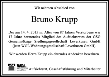 Traueranzeige von Krupp Bruno von Rheinische Post