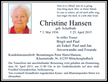 Traueranzeige von Hansen Christine von Rheinische Post