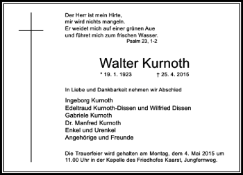 Traueranzeige von Kurnoth Walter von Rheinische Post