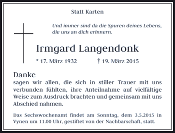 Traueranzeige von Langendonk Irmgard von Rheinische Post