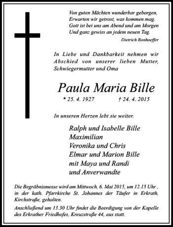 Traueranzeige von Maria Bille Paula von Rheinische Post