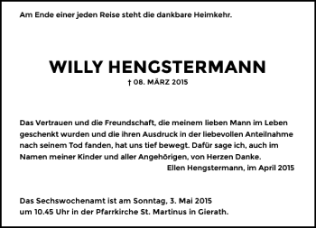 Traueranzeige von Hengstermann Willy von Rheinische Post