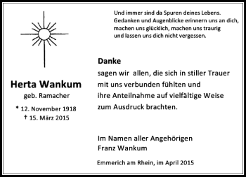 Traueranzeige von Wankum Herta von Rheinische Post