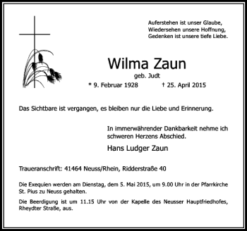 Traueranzeige von Zaun Wilma von Rheinische Post