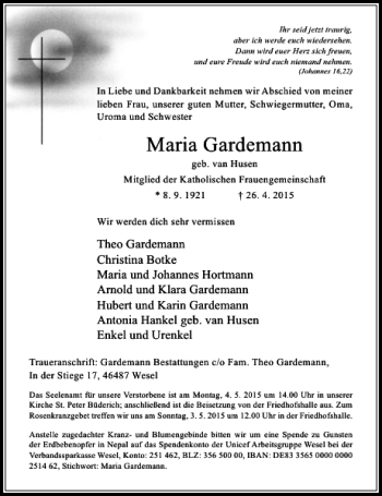 Traueranzeige von Gardemann Maria von Rheinische Post