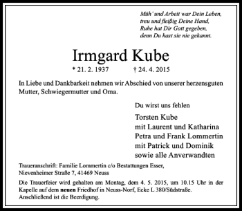 Traueranzeige von Kube Irmgard von Rheinische Post