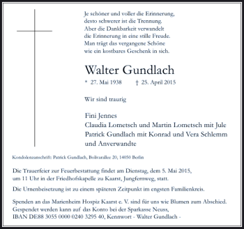 Traueranzeige von Gundlach Walter von Rheinische Post