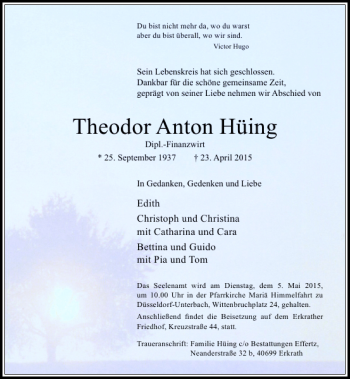 Traueranzeige von Anton Hüing Theodor von Rheinische Post