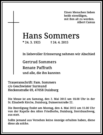 Traueranzeige von Sommers Hans von Rheinische Post