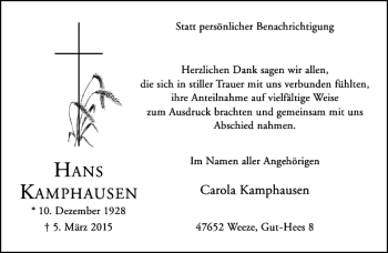 Traueranzeige von Kamphausen Hans von Rheinische Post