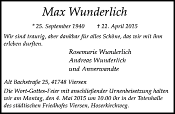 Traueranzeige von Wunderlich Max von Rheinische Post