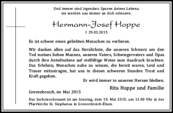 Traueranzeige von Hoppe Hermann-Josef von Rheinische Post