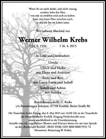 Traueranzeige von Wilhelm Krebs Werner von Rheinische Post