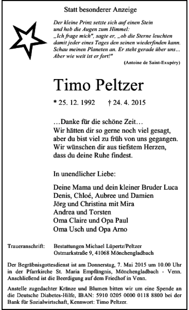  Traueranzeige für Peltzer Timo vom 02.05.2015 aus Rheinische Post