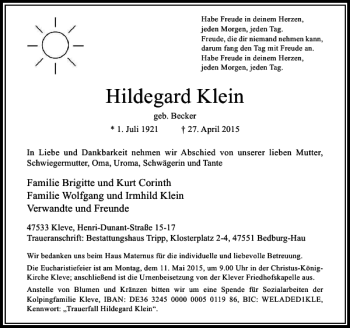 Traueranzeige von Klein Hildegard von Rheinische Post