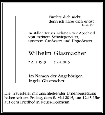 Traueranzeige von Glasmacher Wilhelm von Rheinische Post