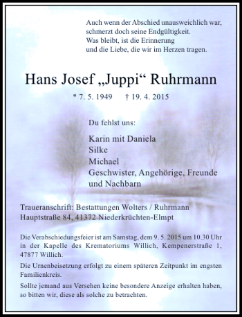 Traueranzeige von Josef Ruhrmann Hans von Rheinische Post