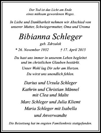 Traueranzeige von Schleger Bibianna von Rheinische Post