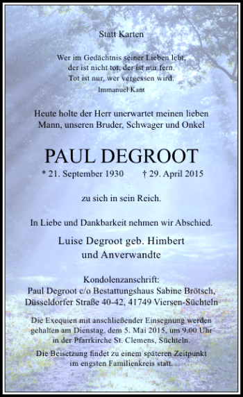 Traueranzeige von Degroot Paul von Rheinische Post